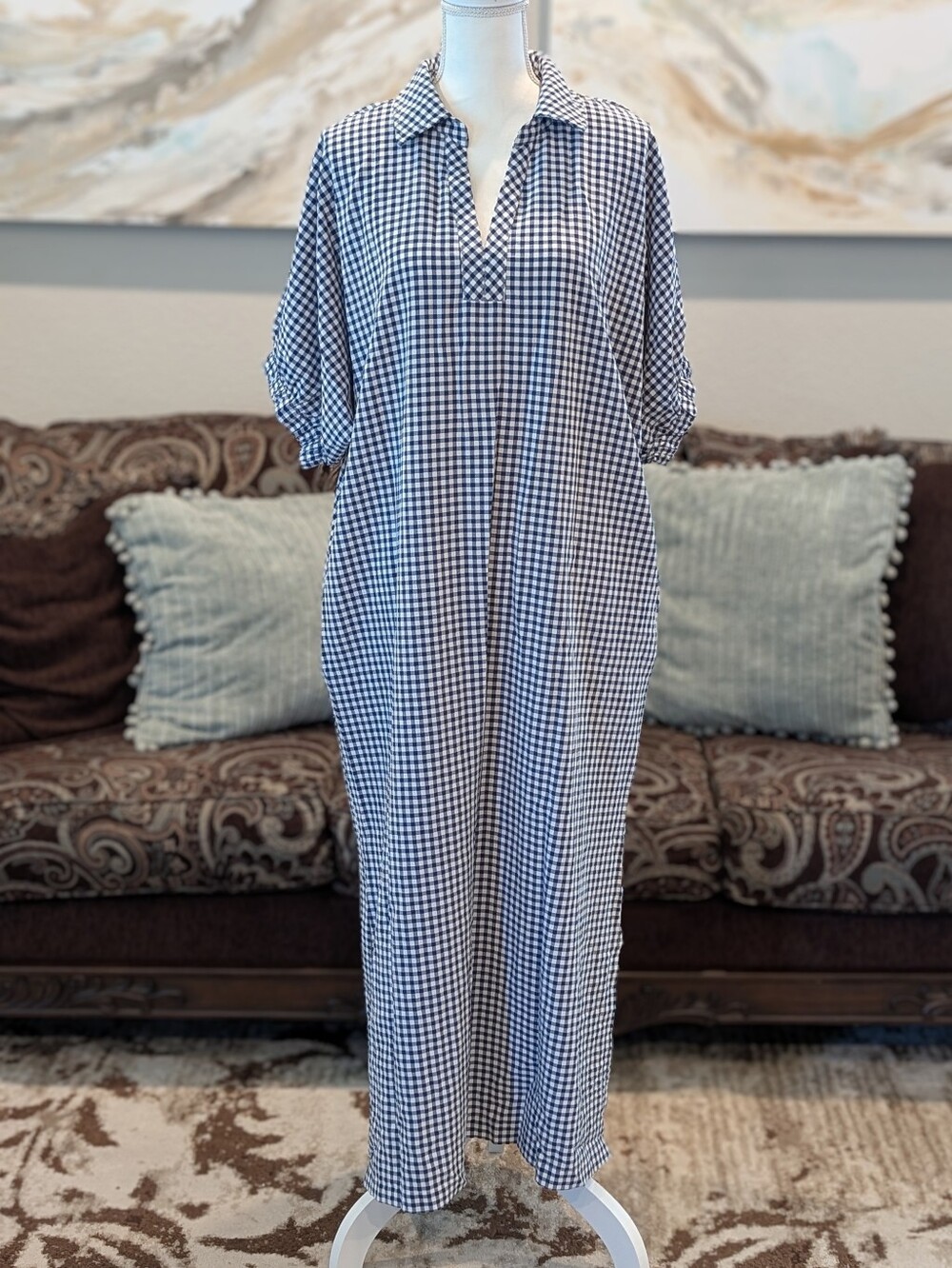 entro Blue and White Gingham Collared Maxi Dress
